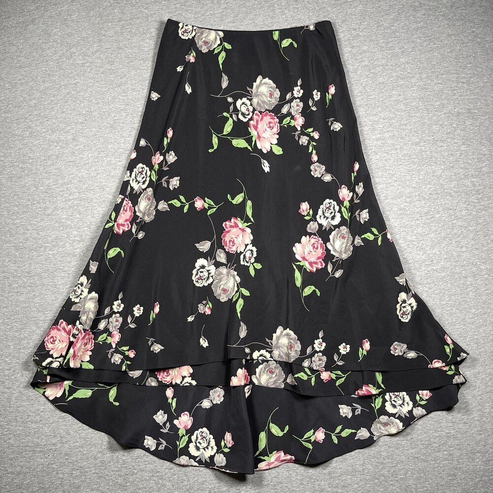 Lauren Ralph Lauren Skirt Womens 4 Black Floral Layered Ruffle Midi Silk Lined